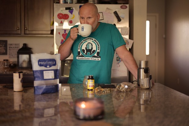 Joe Stone uses psilocybin mushrooms as a treatment for his cluster headaches at his home in Westminster on Tuesday, Aug. 22, 2023. Stone typically ingests it through tea or capsule form. In the past, his treatment has been to take sub-psychedelic dose and do low-intensity activities. (Photo by Hyoung Chang/The Denver Post)