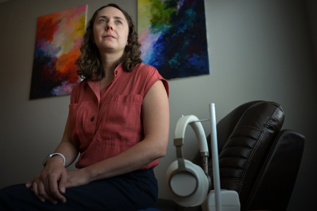 Therapist Erin Carpenter sits in her counseling room at her Boulder office on Tuesday, Aug. 22, 2023. Carpenter offers ketamine-assisted therapy. (Photo by Hyoung Chang/The Denver Post)