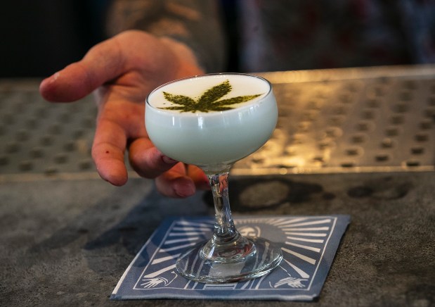 In this April 19, 2018, photo Maxwell Reis, beverage director serves a drink containing Cannabidol CBD extract with a marijuana leaf motif at the Gracias Madre restaurant in West Hollywood, Calif. After hemp was removed from the Controlled Substances Act, hemp-derived CBD extract began popping up in everything, from cosmetics to chocolate bars to bottled water to bath bombs to pet treats. (AP Photo/Damian Dovarganes)