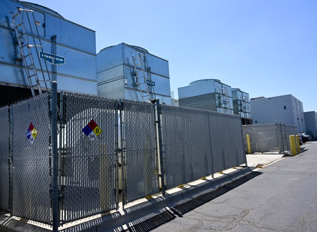 Giant evaporative coolers that filter the air from inside the Native Roots Mothership cultivation facility to them bring odorless air back out Denver Friday, June 21, 2024. (Photo by Andy Cross/The Denver Post)