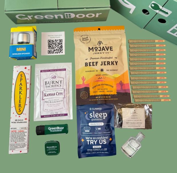 GreenDoor's recreation box ($65) includes 14 pre-rolls, beef jerky, a barbecue rub, sparklers, a wireless speaker and a curated party playlist, among other things. (Provided by GreenDoor)
